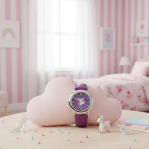 Girls Cute Purple Unicorn Rainbow & Name Kids Watch