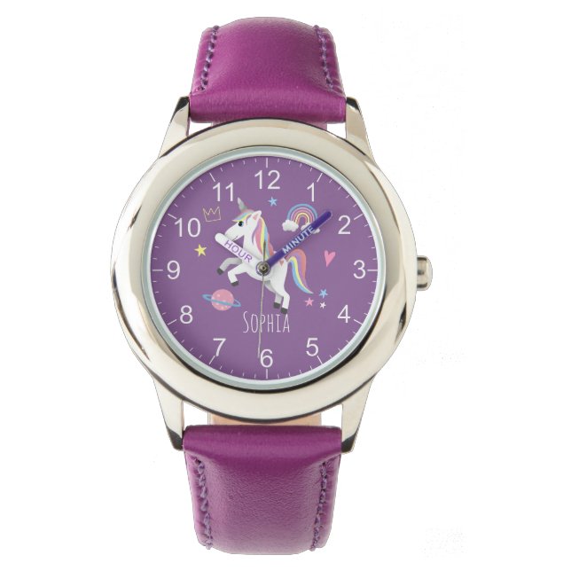 Girls Cute Purple Unicorn Rainbow & Name Kids Watch (Front)