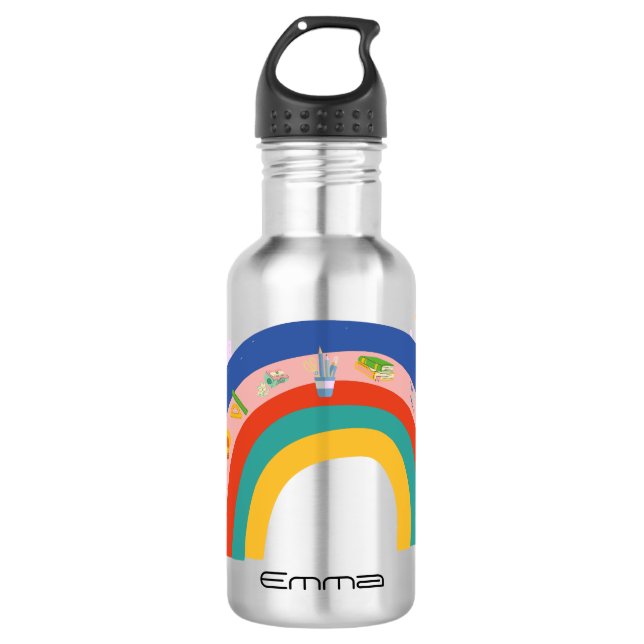 Girls Cute Rainbow book Back To School DIY Name    Stainless Steel Water Bottle (Front)