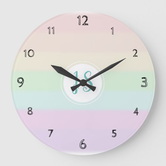 Girl's Cute Rainbow Color Pastel Monogram Nursery Large Clock (Front)
