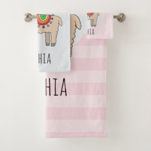 Girls Cute Rainbow Llama Cartoon and Name Kids Bath Towel Set