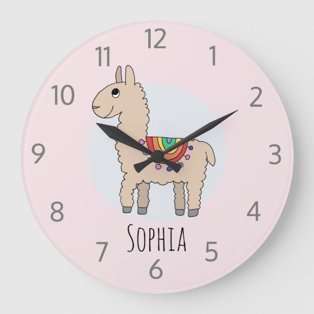 Girls Cute Rainbow Llama Cartoon and Name Kids Large Clock (Front)