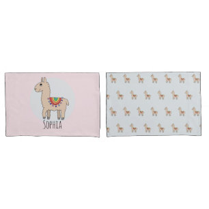 Girls Cute Rainbow Llama Cartoon and Name Kids Pillow Case