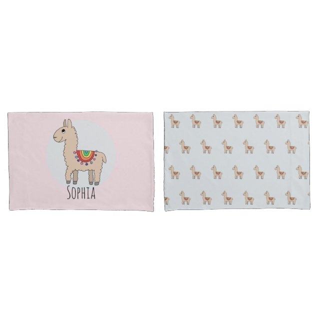 Girls Cute Rainbow Llama Cartoon and Name Kids Pillow Case (Front-Set)