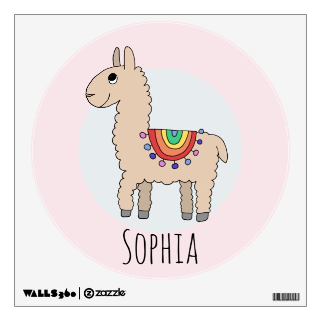 Girls Cute Rainbow Llama Cartoon and Name Kids Wall Decal (Front)