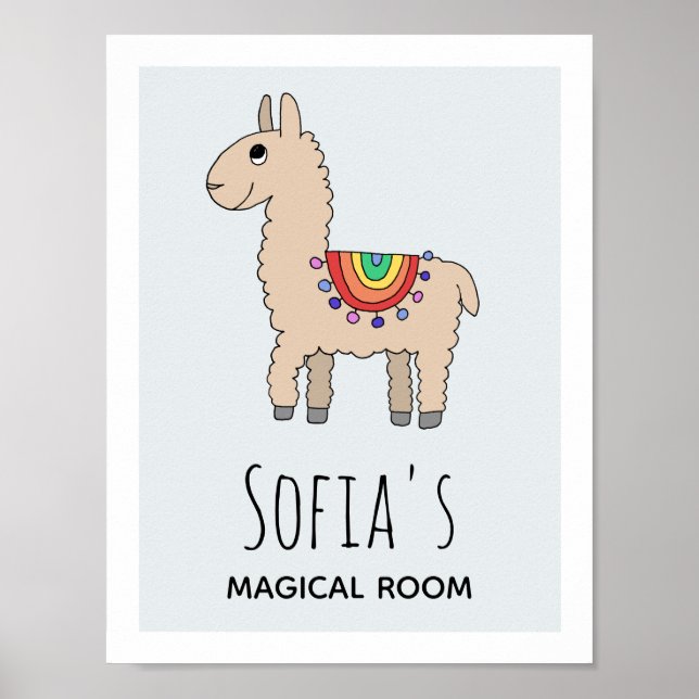 Girls Cute Rainbow Llama Cartoon & Name Kids Room Poster (Front)