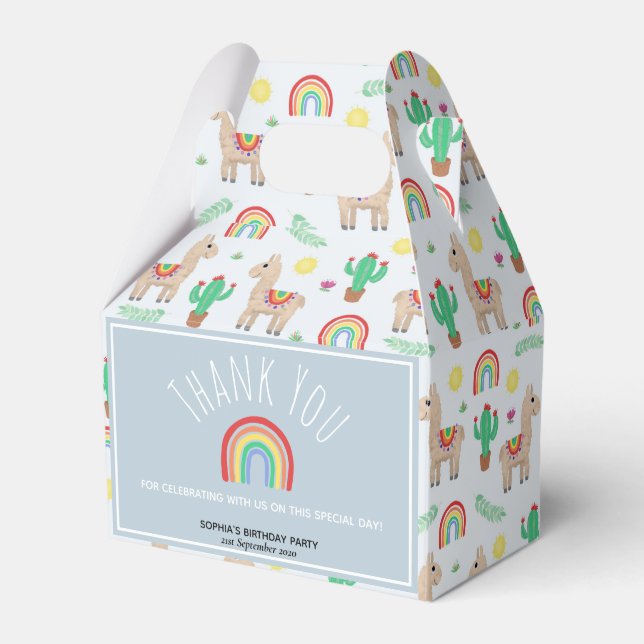 Girls Cute Rainbow Llama Kids Birthday Party Favor Boxes (Front Side)