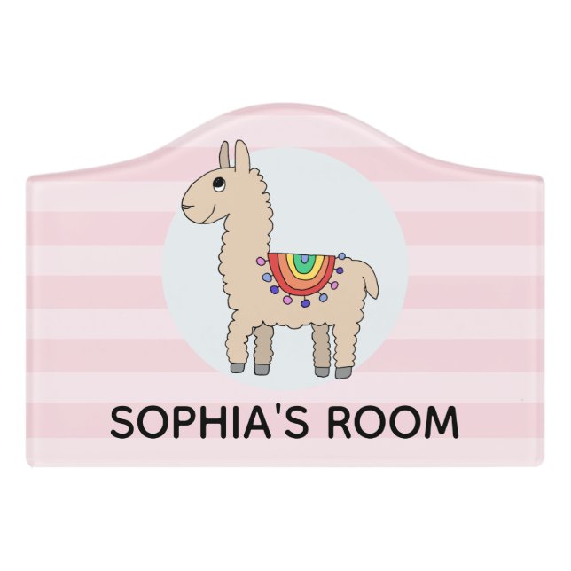 Girls Cute Rainbow Llama Kids Nursery Door Sign (Small Crest Front)