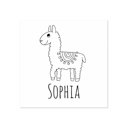 Girls Cute Rainbow Llama  Name School Bookplate Rubber Stamp