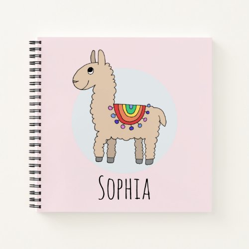 Girls Cute Rainbow Lllama and Name Kids Notebook