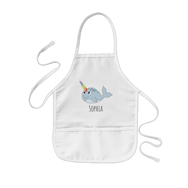 Girls Cute Rainbow Narwhal Cartoon and Name Kids' Apron (Front)