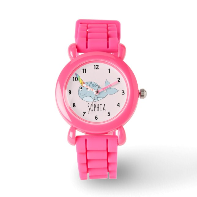 Girls Cute Rainbow Narwhal Cartoon and Name Kids Watch (Front)