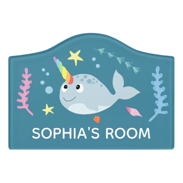 Girls Cute Rainbow Narwhal Cartoon Kids Nursery Door Sign (Small Crest Front)