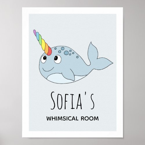 Girls Cute Rainbow Narwhal Cartoon Name Kids Room Poster