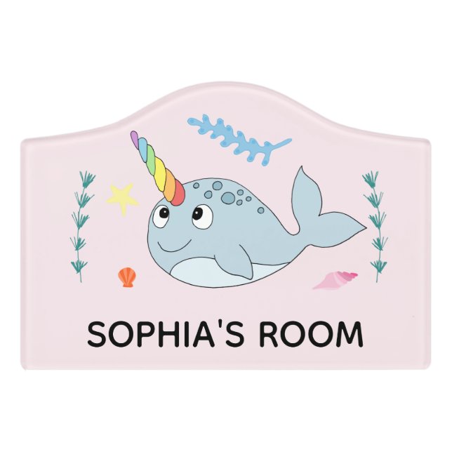 Girls Cute Rainbow Narwhal Kids Nursery Door Sign (Small Crest Front)
