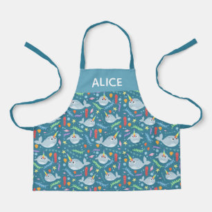 Girls Cute Rainbow Narwhal & Name Turquoise Kids Apron