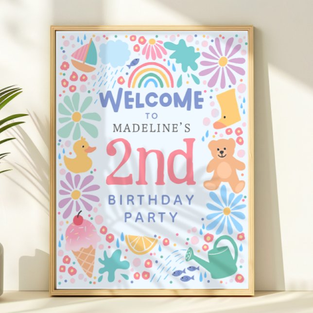 Girls Cute Rainbow Pool 2nd Birthday Welcome Poster (Creator Uploaded)