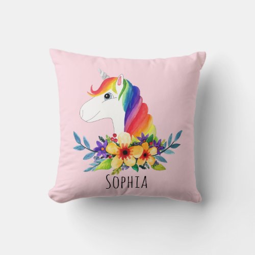 Girls Cute Rainbow Unicorn and Name Kids Throw Pillow
