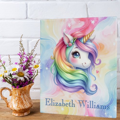 Girls Cute Rainbow Unicorn Custom Name 3 Ring Binder