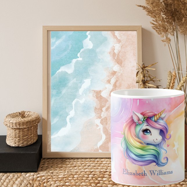 Girls Cute Rainbow Unicorn Custom Name Coffee Mug (Creator Uploaded)
