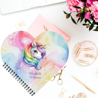 Girls Cute Rainbow Unicorn Custom Name Notebook