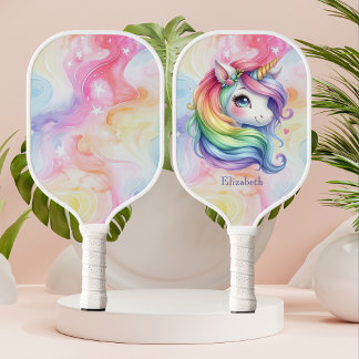Girls Cute Rainbow Unicorn Custom Name Pickleball Paddle