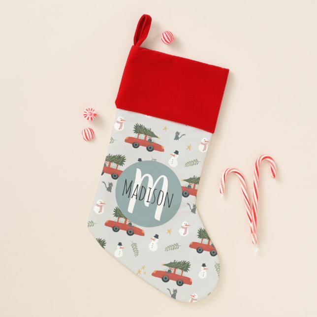 Girls Cute Red Car Scandi Winter Pattern Kids Christmas Stocking (Front)