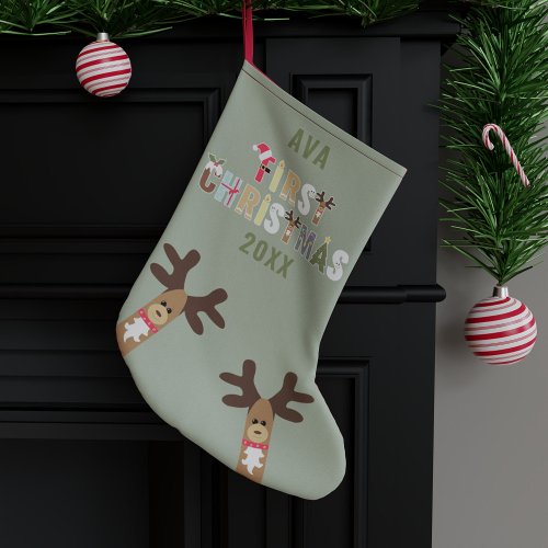 Girls Cute Reindeer Green First Christmas Stocking