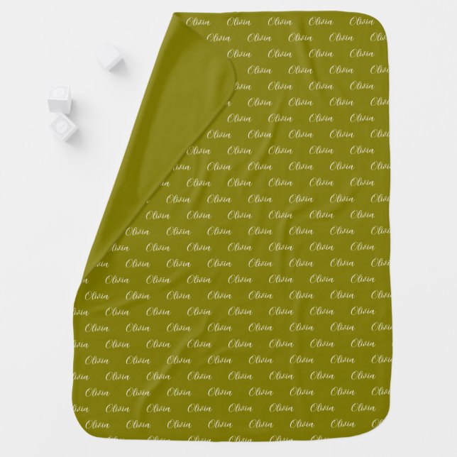 Girls Cute Repeating Newborn Name Olive Green Baby Blanket (In Situ)
