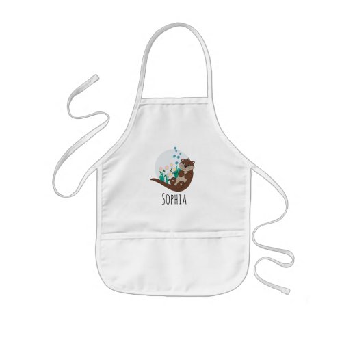 Girls Cute River Otter Cartoon Flowers and Name Kids Apron