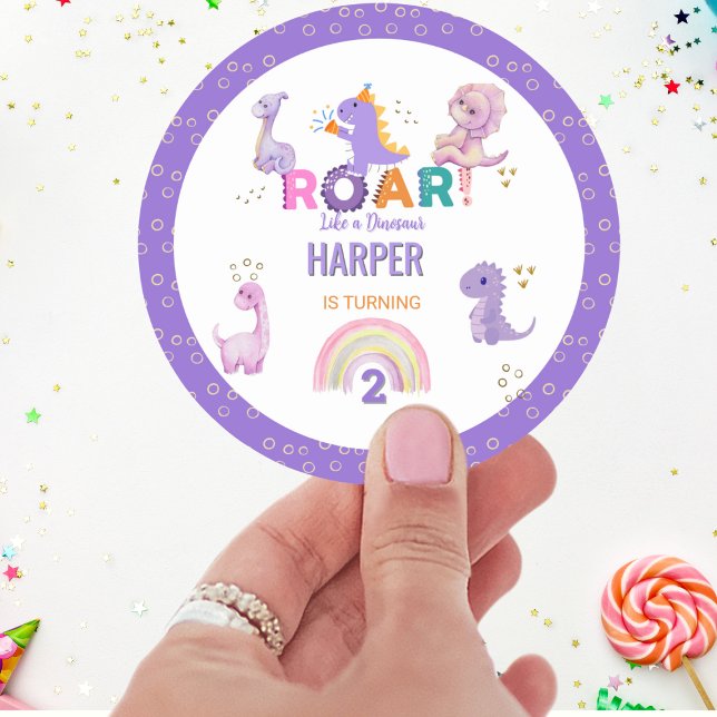Girls Cute Roar Dinosaur Birthday Party   Classic Round Sticker (Creator Uploaded)