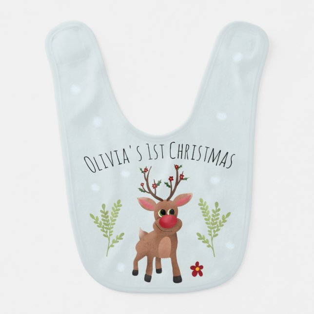 Girls Cute Rudolph Reindeer First Christmas  Baby Bib (Front)