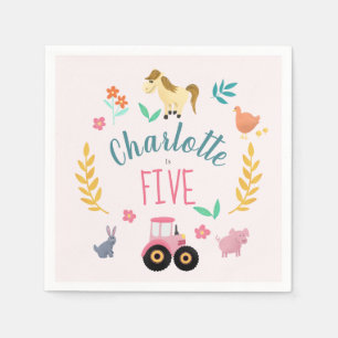 Girls Cute Rustic Pink Farm Animals Kids Birthday Napkins