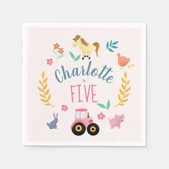 Girls Cute Rustic Pink Farm Animals Kids Birthday Napkins (Front)