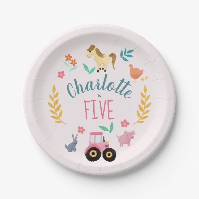Girls Cute Rustic Pink Farm Animals Kids Birthday Paper Plates (Front)