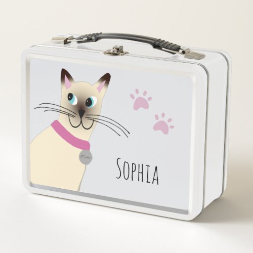 Girls Cute Seal Point Siamese Cat Cartoon Kids Metal Lunch Box