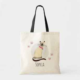 Girls Cute Seal Point Siamese Cat Paw & Name Kids Tote Bag