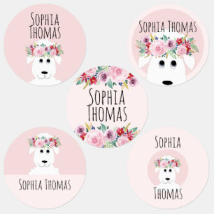 Girls Cute Sheep Pink Watercolor Flowers and Name Kids' Labels