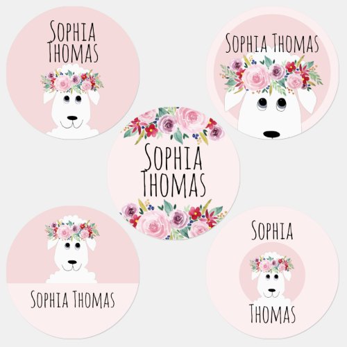 Girls Cute Sheep Pink Watercolor Flowers and Name Kids Labels