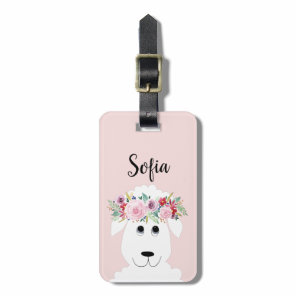 Girls Cute Sheep Watercolor Flowers and Name Luggage Tag