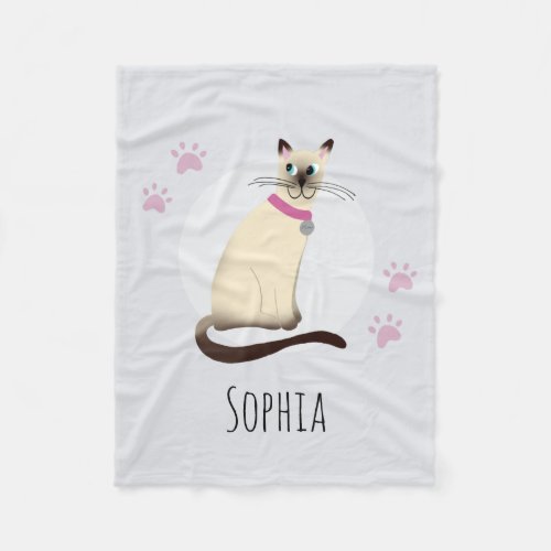 Girls Cute Siamese Cat Cartoon  Name Kids Fleece Blanket