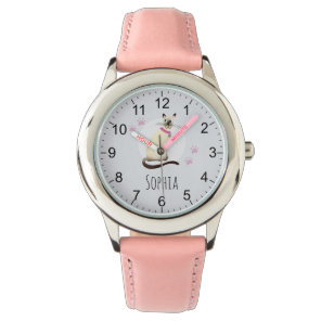 Girls Cute Siamese Cat Cartoon & Name Kids Watch
