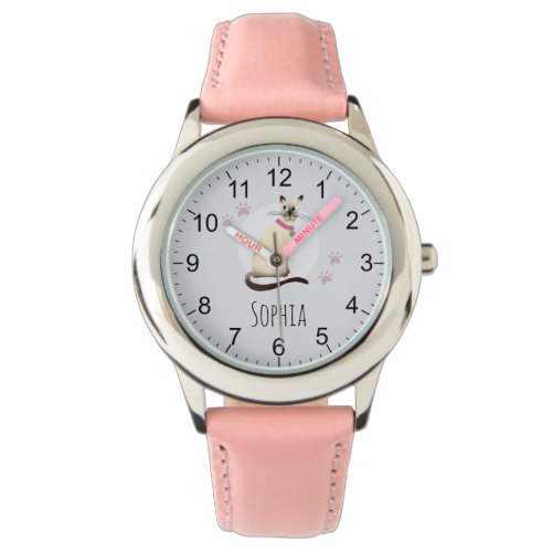 Girls Cute Siamese Cat Cartoon &amp; Name Kids Watch