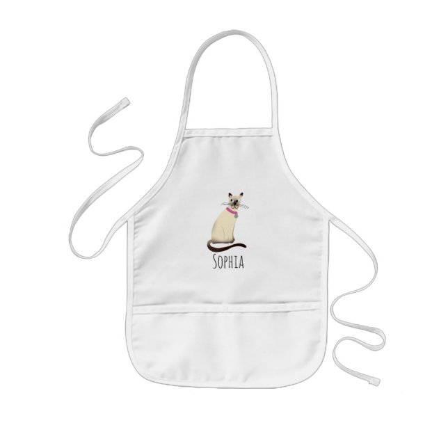 Girls Cute Siamese Cat Cartoon with Name Kids' Apron (Front)