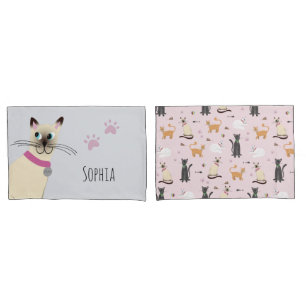 Girls Cute Siamese Cat Paw Prints Name Kids Pillow Case