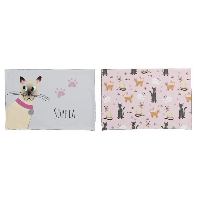 Girls Cute Siamese Cat Paw Prints Name Kids Pillow Case (Front-Set)