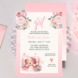 Girls Cute Sleeping Bear Floral Baby Shower Invitation