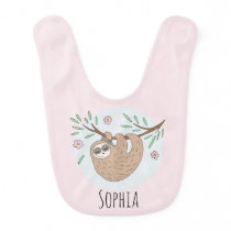Girls Cute Sleeping Sloth Animal and Name Baby Bib Girls Cute Sleeping Sloth Animal and Name Baby Bib