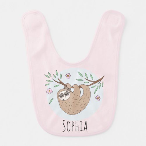 Girls Cute Sleeping Sloth Animal and Name Baby Bib