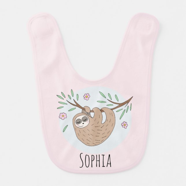 Girls Cute Sleeping Sloth Animal and Name Baby Bib (Front)